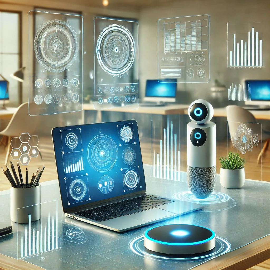 Illustration of a sleek and modern workspace featuring a laptop, a smart assistant device, and digital holograms displaying charts, settings, and coding symbols. Beginner-Friendly Tech Guides