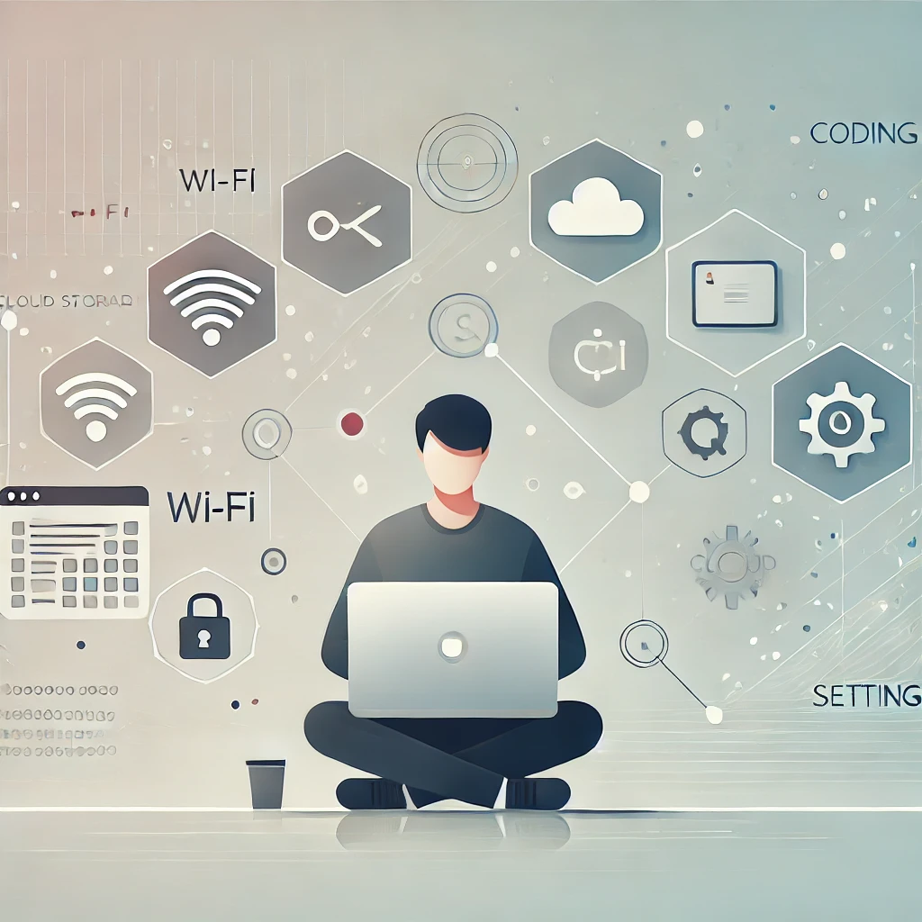 Illustration of a tech enthusiast working on a laptop, surrounded by floating digital icons representing technology, such as Wi-Fi, cloud storage, coding, and settings.