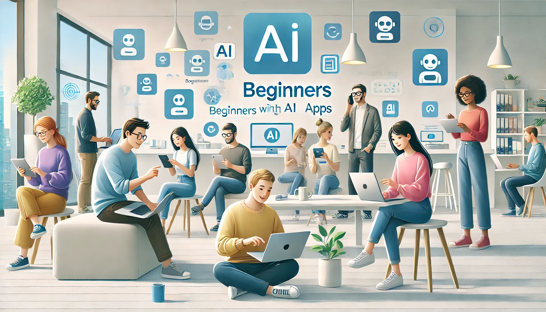 Beginners using AI tools on various devices in 2025