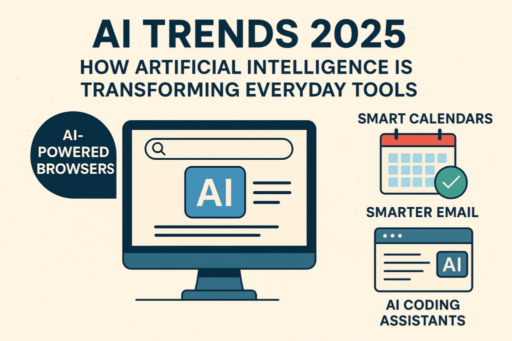 "Visual overview of AI trends in 2025, including smart calendars, browsers, email, and coding assistants"