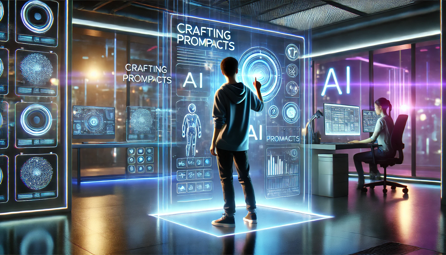 What is prompt engneering - writing instructions for AI on a futuristic interface in 2025