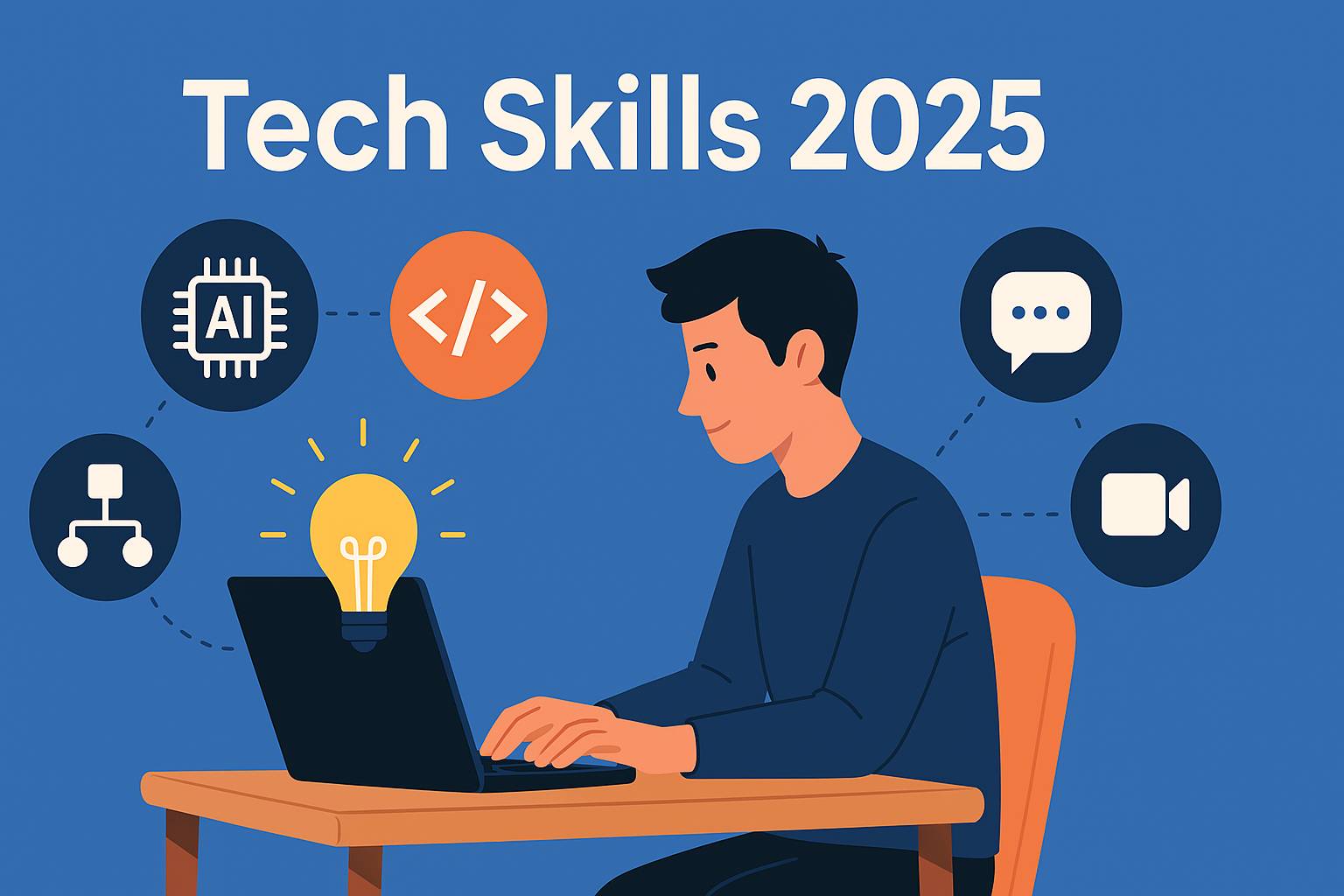Person learning tech skills at a desk with icons for AI, coding, and communication – labeled Tech Skills 2025
