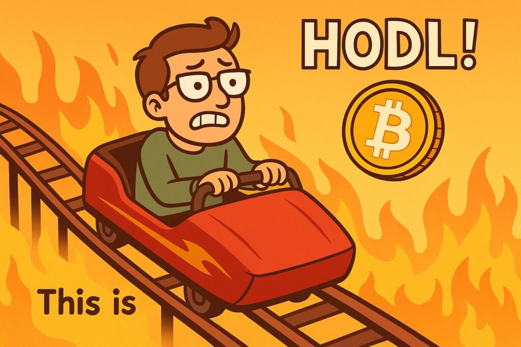 Cartoon man riding a roller coaster labeled ‘HODL’ with flames around him and a Bitcoin symbol