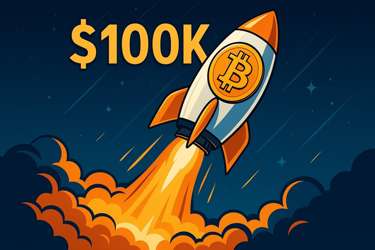 Bitcoin rocket passing $100K milestone in a cartoon-style digital illustration