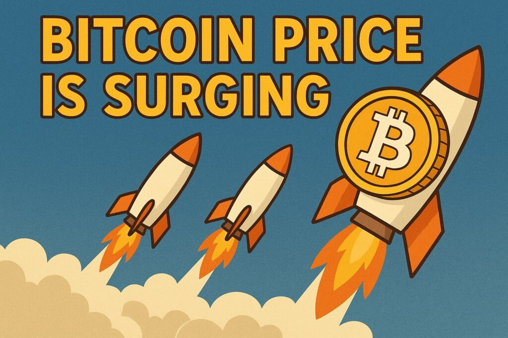 Bitcoin rockets blasting off with the text ‘Bitcoin Price Is Surging’ in a stylized digital illustration