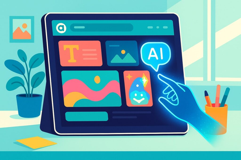 AI-powered design interface on a tablet in a creative workspace