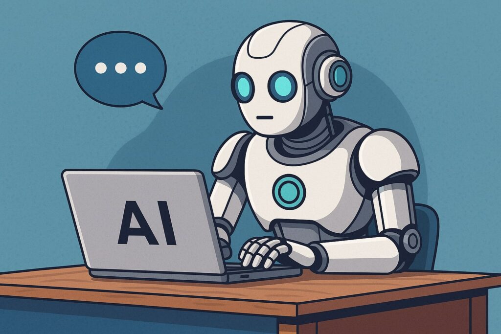 AI robot using a laptop labeled ChatGPT in 2025