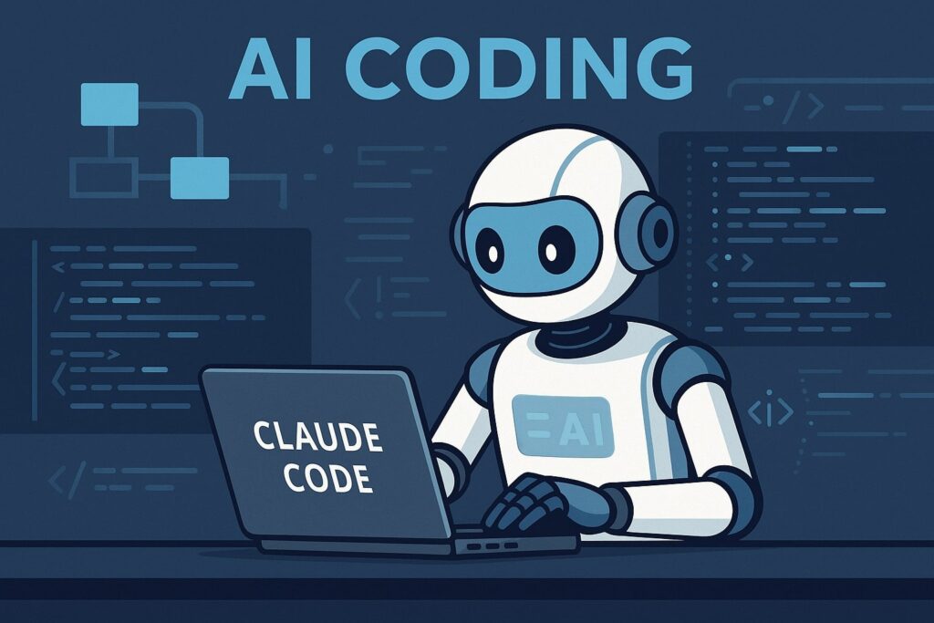 Robot coding on a laptop labeled Claude Code AI