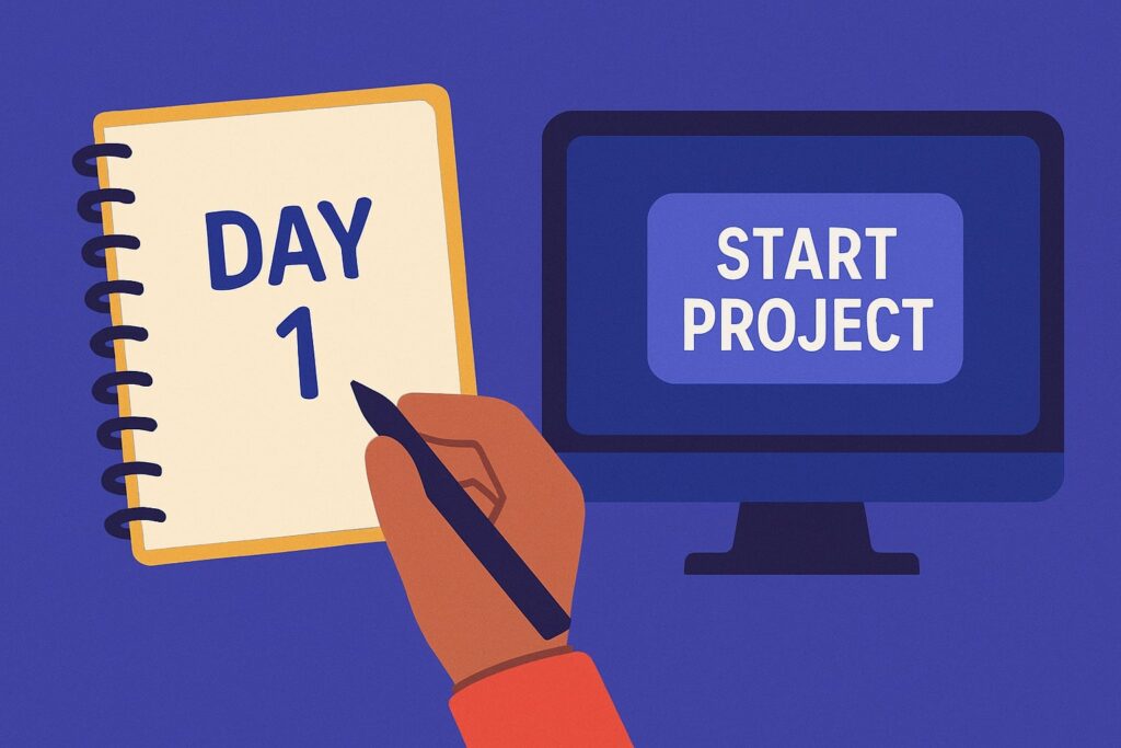 Notebook with 'Day 1' and a computer screen showing 'Start Project' button