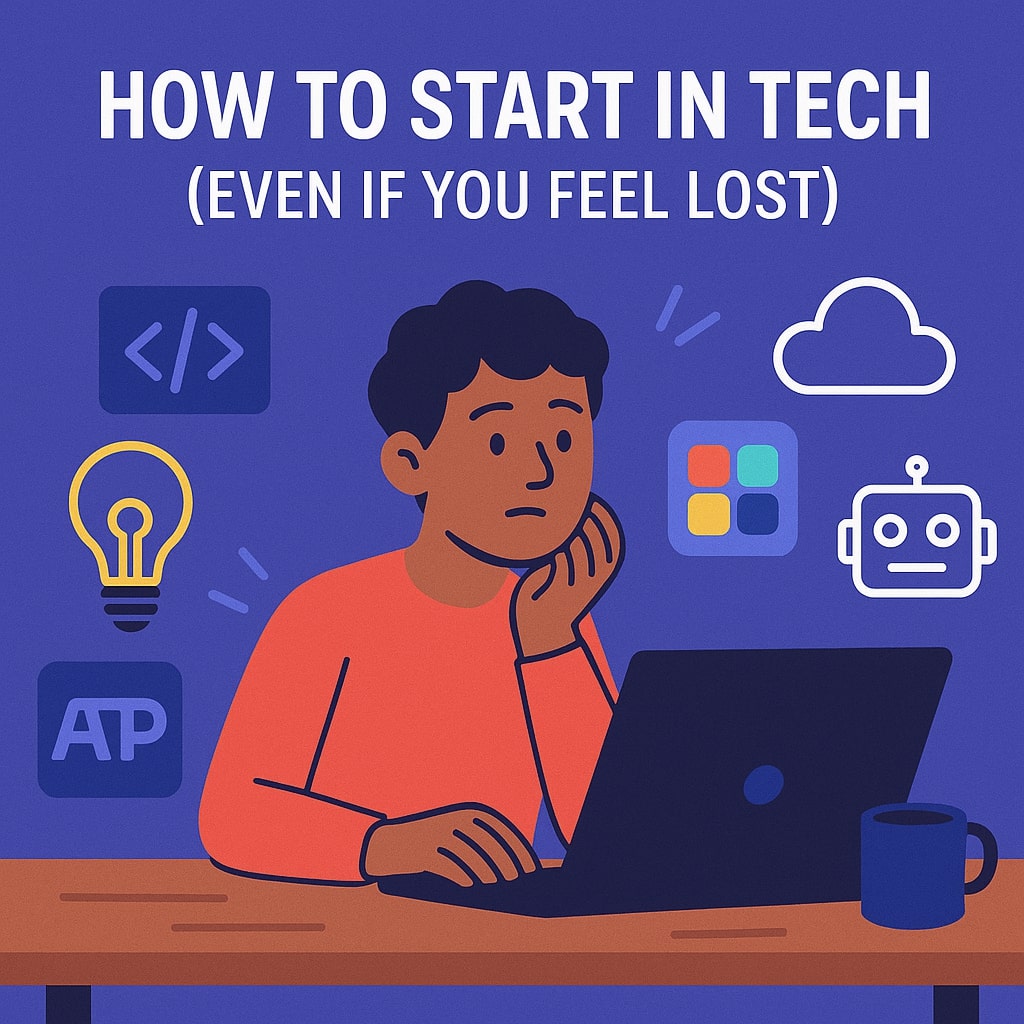 Illustration of a curious beginner surrounded by tech icons, wondering how to start in tech