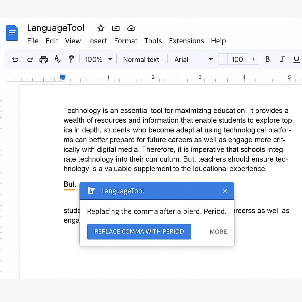 LanguageTool Chrome extension in use on a Google Docs screen