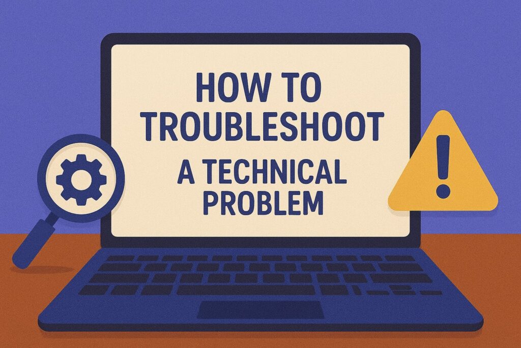Laptop with a warning sign and magnifying glass representing tech problem-solving