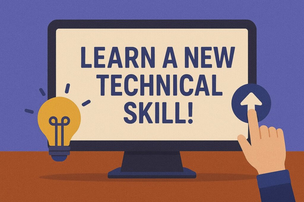 Tablet with the phrase ‘Learn a new technical skill’ and a hand pressing an arrow