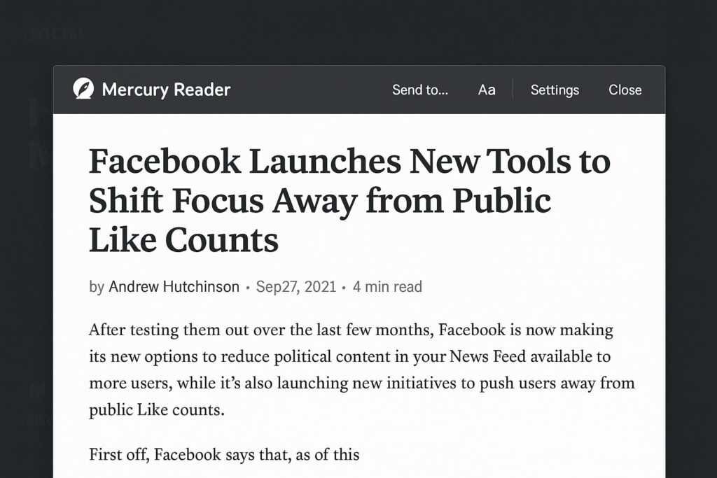 Mercury Reader extension applied to a news article in dark mode
