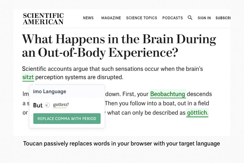 Toucan Chrome extension displaying translated words on a website