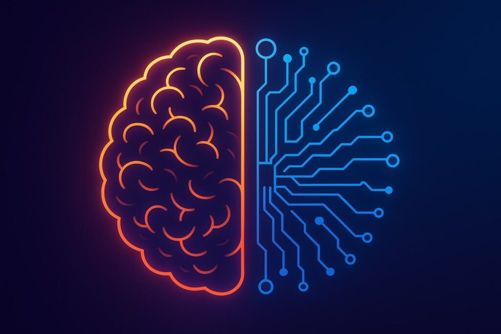 A glowing brain merging with circuits symbolizing AI and machine learning.